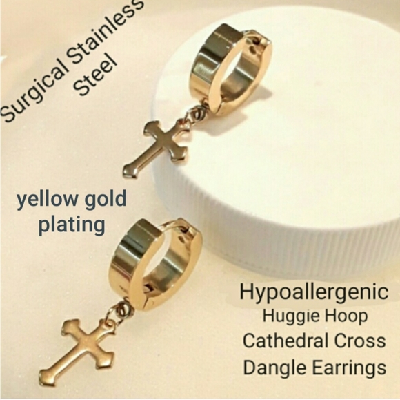 NEW Huggie Hoop Cathedral Cross Earrings - Picture 1 of 8